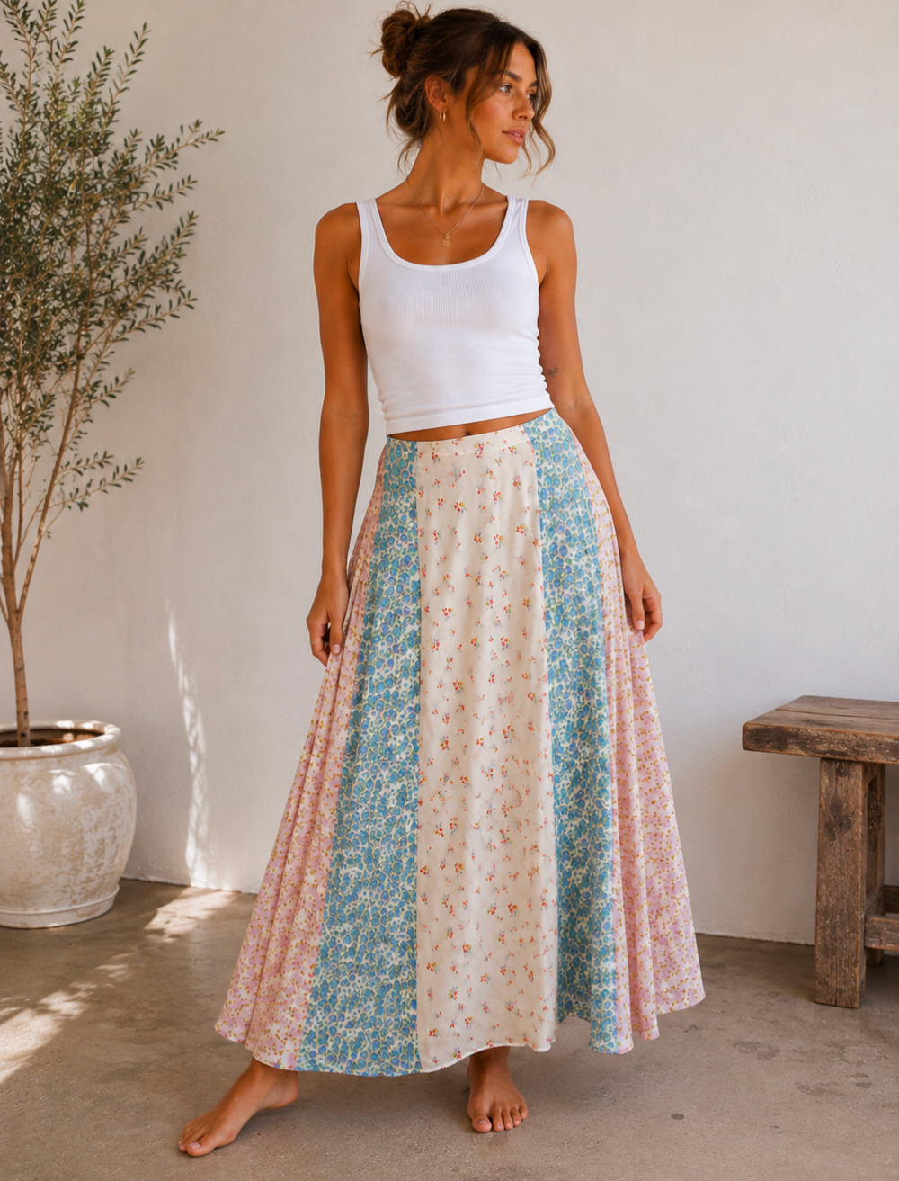 Free People Kaia Mixed Floral Patchwork Paneled Maxi Skirt Boho Cream Blue M